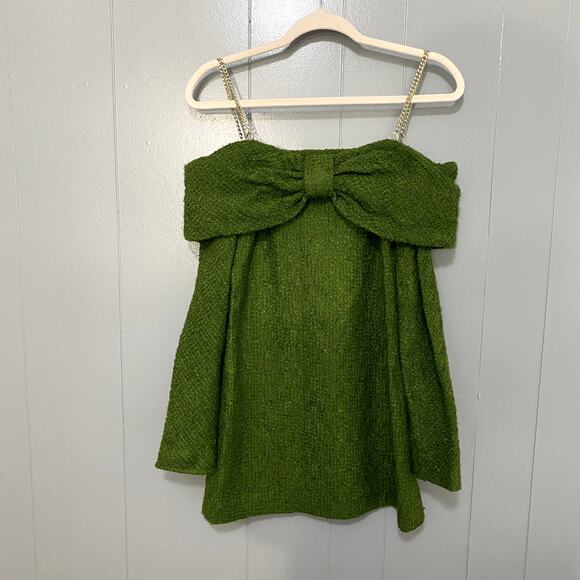NEW Zara Blogger Favorite Moss Green Structured Chain Straps Bow Mini Dress L - Picture 3 of 12